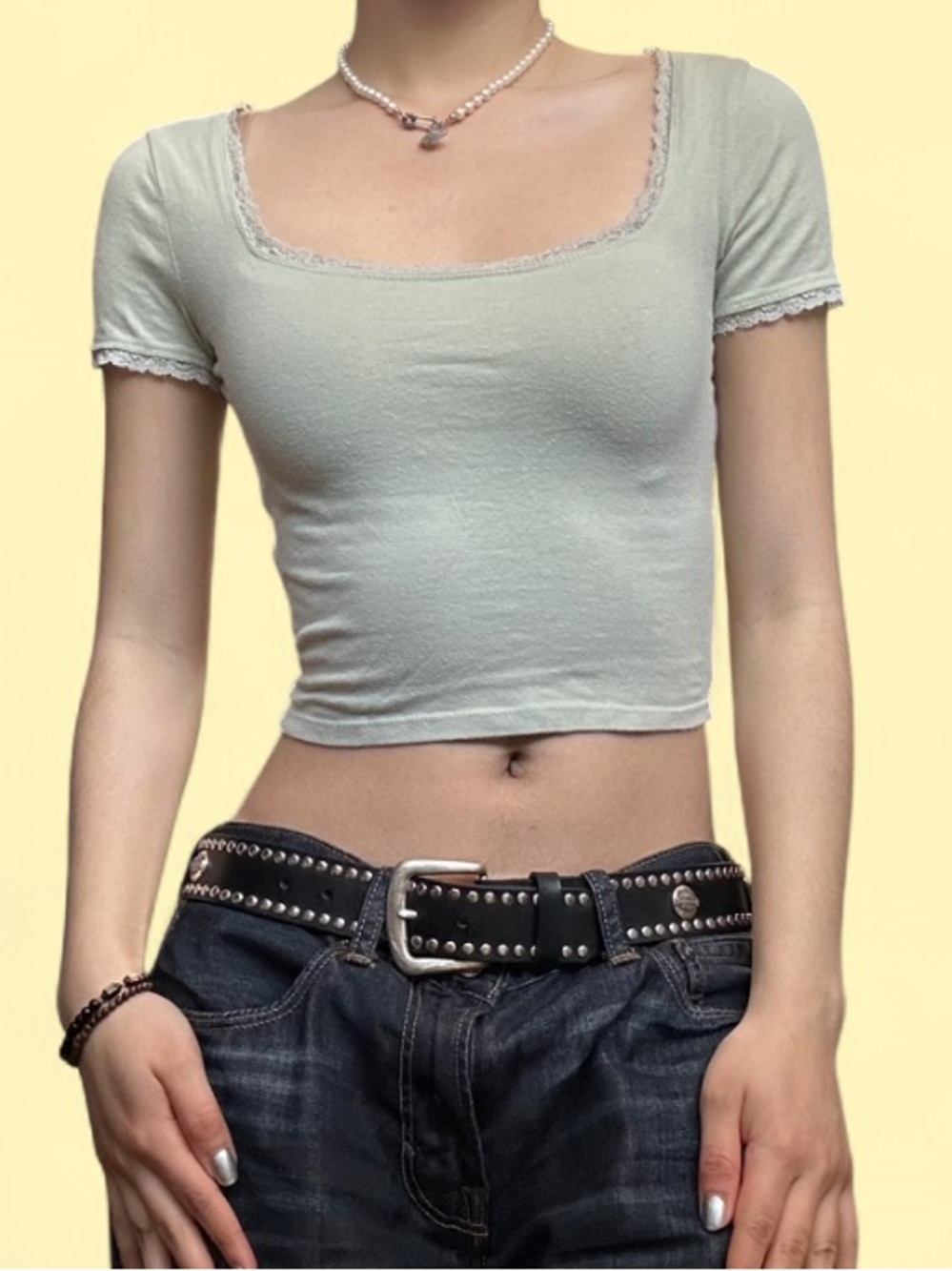 Hollister Sage Green Lace Trim Baby Tee - Picture 2 of 7